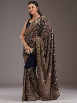 Koskii - Navy Blue Zari Georgette Saree with Unstitched Blouse
