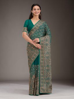 Koskii - Rama Green Zari Georgette Saree with Unstitched Blouse