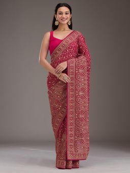 Koskii - Rani Pink Zari Georgette Saree with Unstitched Blouse
