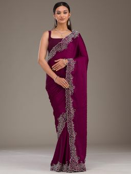 Koskii - Wine Swarovski Satin Saree with Unstitched Blouse