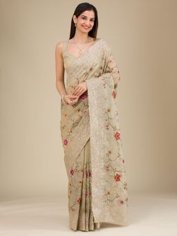 Koskii - Women Threadwork Organza Saree With Unstitched Blouse
