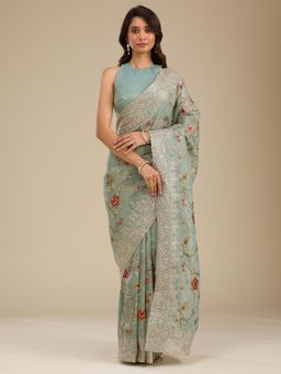 Koskii - Sky Blue Zari Tissue Saree with Unstitched Blouse