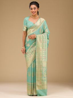 Koskii - Pista Green Zari Art Silk Saree with Unstitched Blouse