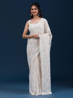 Koskii - Cream Embellished Chiffon Saree with Unstitched Blouse