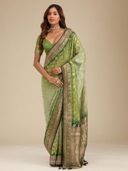 Koskii - Leaf Green Zari Georgette Saree with Unstitched Blouse
