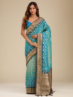 Koskii - Turquoise Blue Zari Georgette Saree with Unstitched Blouse
