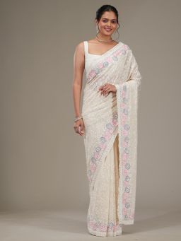 Koskii - Cream Zari Georgette Saree with Unstitched Blouse
