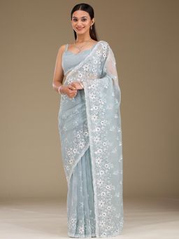 Koskii - Light Grey Sequins Tissue Saree with Unstitched Blouse