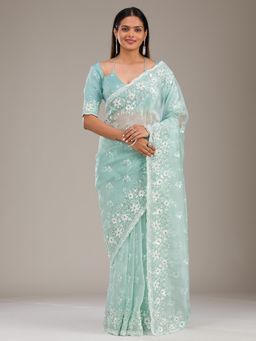 Koskii - Sea Green Sequins Tissue Saree with Unstitched Blouse
