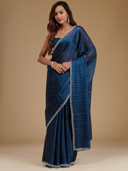 Koskii - Navy Blue Stonework Georgette Saree with Unstitched Blouse