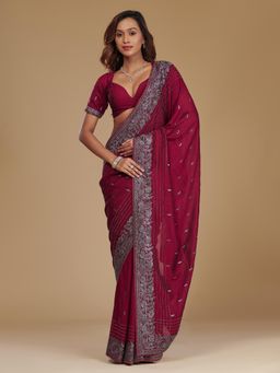 Koskii - Wine Zari Georgette Saree with Unstitched Blouse