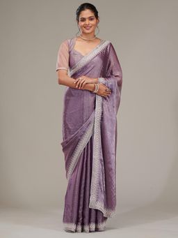 Koskii - Purple Stonework Chiffon Saree with Unstitched Blouse