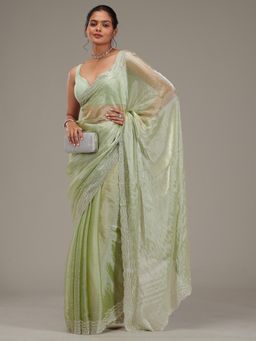 Koskii - Women Zariwork (Silver) Organza Saree With Unstitched Blouse