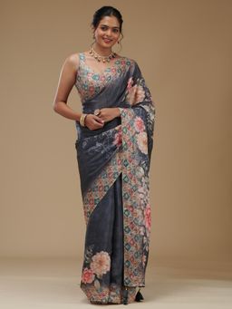 Koskii - Grey Embellished Tissue Saree with Unstitched Blouse