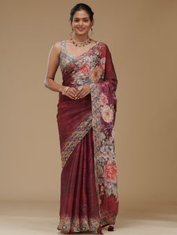 Koskii - Wine Embellished Tissue Saree with Unstitched Blouse