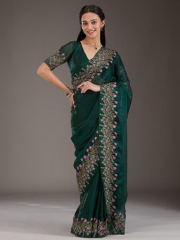 Koskii - Bottle Green Embellished Tissue Saree with Unstitched Blouse