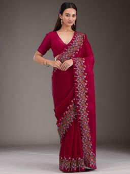 Koskii - Red Embroidered Tissue Saree with Unstitched Blouse