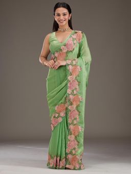 Koskii - Green Embroidered Tissue Saree with Unstitched Blouse