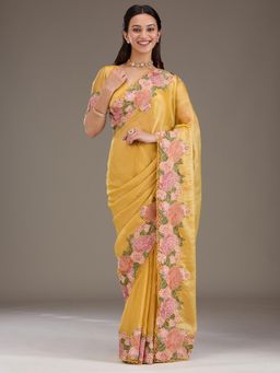 Koskii - Mustard Embroidered Tissue Saree with Unstitched Blouse
