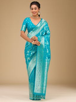 Koskii - Turquoise Blue Stonework Art Silk Saree with Unstitched Blouse