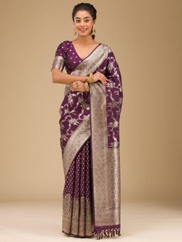 Koskii - Wine Stonework Art Silk Saree with Unstitched Blouse