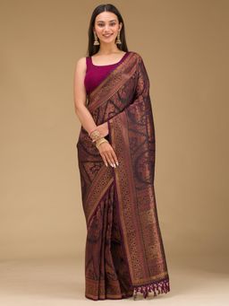 Koskii - Wine Stonework Art Silk Saree with Unstitched Blouse