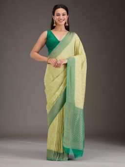 Koskii - Pista Green Zari Georgette Saree with Unstitched Blouse
