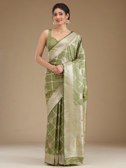 Koskii - Pista Green Zari Satin Saree with Unstitched Blouse