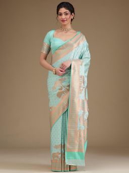 Koskii - Turquoise Blue Zari Satin Saree with Unstitched Blouse