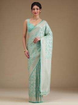 Koskii - Turquoise Blue Zari Satin Saree with Unstitched Blouse