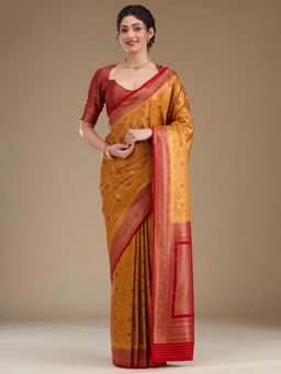 Koskii - Mustard Zari Art Silk Saree with Unstitched Blouse