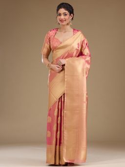 Koskii - Onion Pink Zari Tissue Saree with Unstitched Blouse
