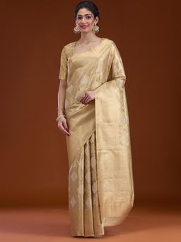 Koskii - Beige Zari Tissue Saree with Unstitched Blouse