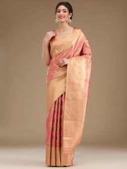 Koskii - Rani Pink Zari Tissue Saree with Unstitched Blouse