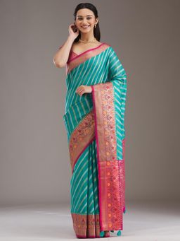 Koskii - Turquoise Blue Zari Tissue Saree with Unstitched Blouse