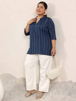 Extra love by Libas - Plus Size Women Blue Woven Design Cotton Blend Straight Kurtis for Women