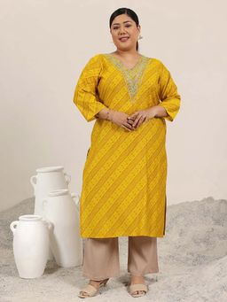 Extra love by Libas - Mustard Printed Silk Straight Kurtas for Women