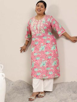 Extra love by Libas - Pink Printed Silk Blend Straight Kurtas for Women