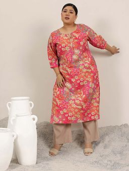 Extra love by Libas - Peach Printed Silk Blend Straight Kurtas for Women