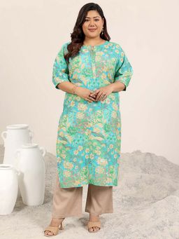Extra love by Libas - Plus Size Women Blue Printed Silk Blend Straight Kurtas for Women