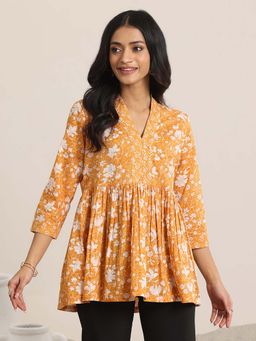 Libas - Mustard Printed Cotton Anarkali Short Kurtis for Women