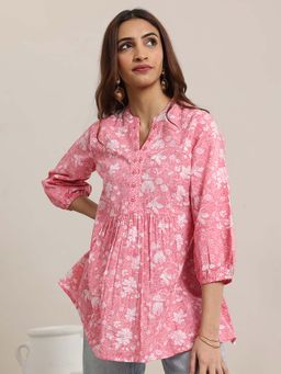 Libas - Pink Printed Cotton Anarkali Short Kurtis for Women
