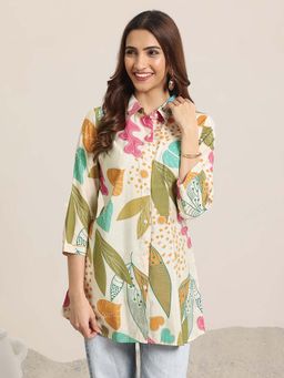 Libas - Beige Printed Silk Blend Straight Short Kurtis for Women