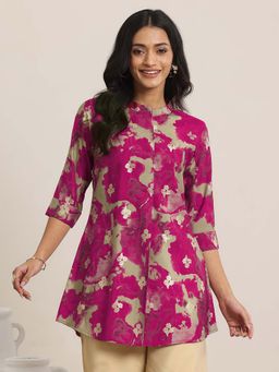 Libas - Pink Printed Silk Blend Straight Short Kurtis for Women
