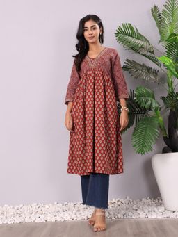 Varanga - Maroon Cotton Floral Kurta