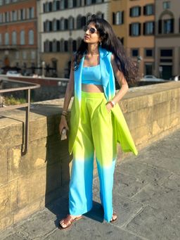 Uptownie - Womens Three Piece Linen Co-Ord Blue-Green (Set of 3)