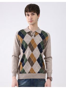 Monte Carlo - Men Beige Regular Fit Collar Neck Abstract Full Sleeve Polo T-Shirt