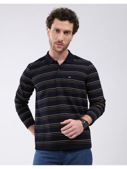 Monte Carlo - Men Navy Blue Regular Fit Collar Neck Striped Full Sleeve Polo T-Shirt
