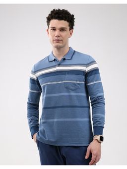 Monte Carlo - Men Blue Regular Fit Collar Neck Striped Full Sleeve Polo T-Shirt