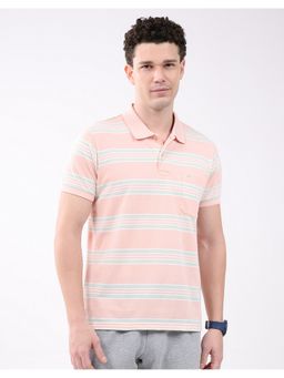 Monte Carlo - Men Peach Regular Fit Collar Neck Striped Half Sleeve Polo T-Shirt